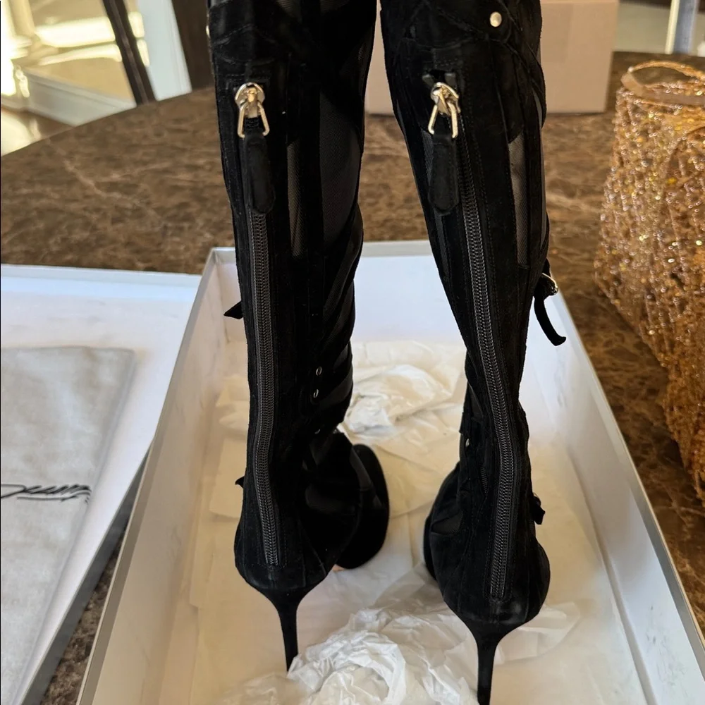 Brian Atwood black suede mesh thigh high over knee OTK boot zipper sz 38.5